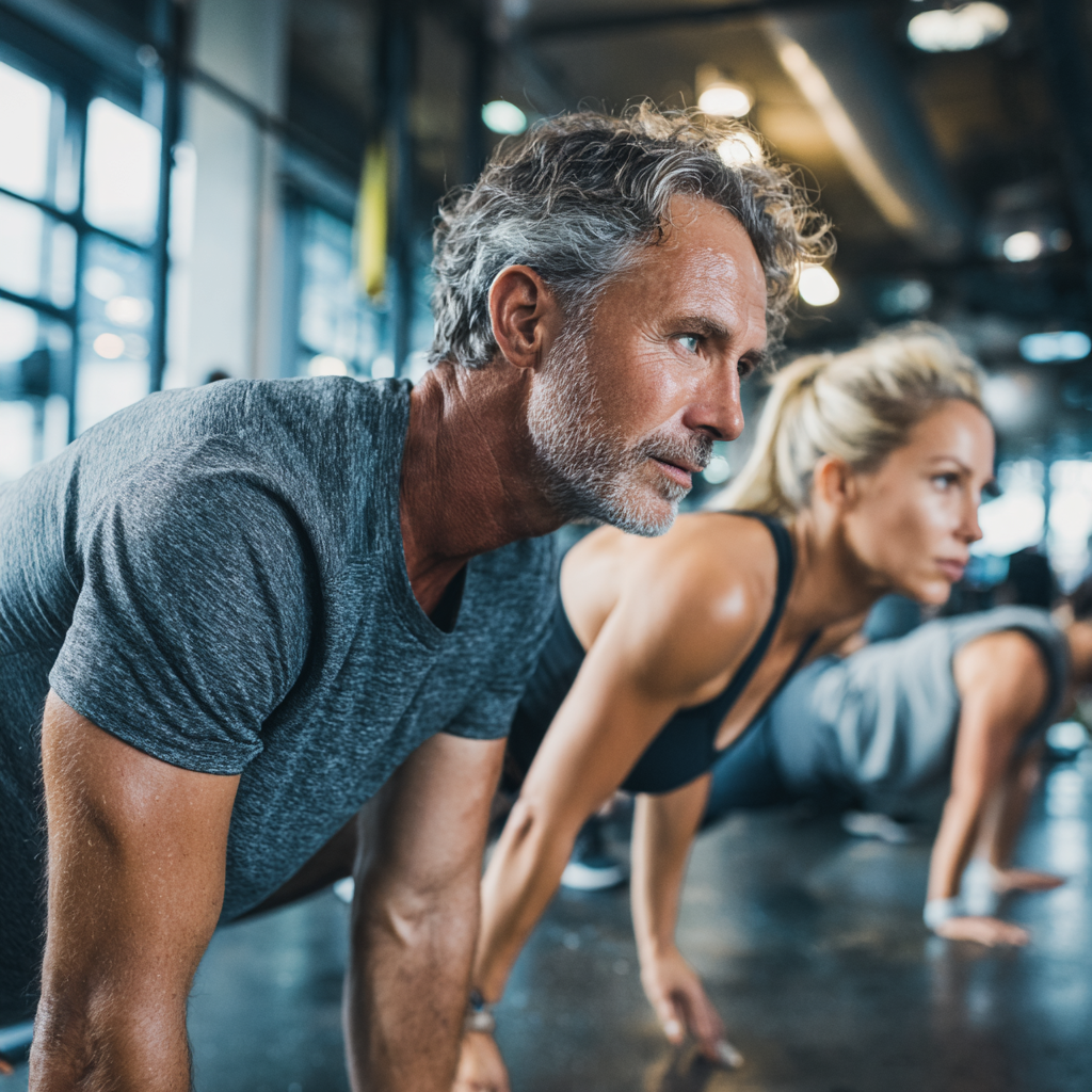 middle-aged adults doing functional fitness training in modern gym environment